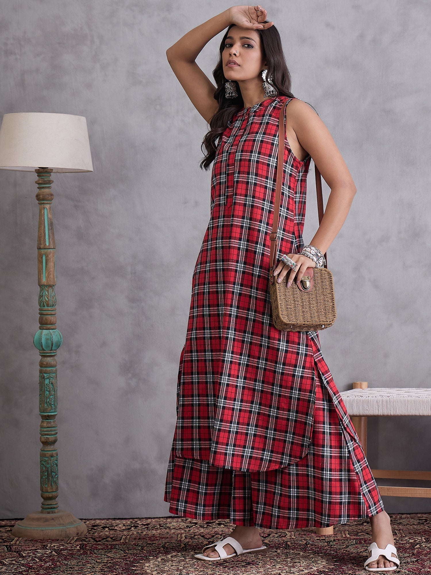 InWeave Red Black Check Kurta Set - Swadesiicart