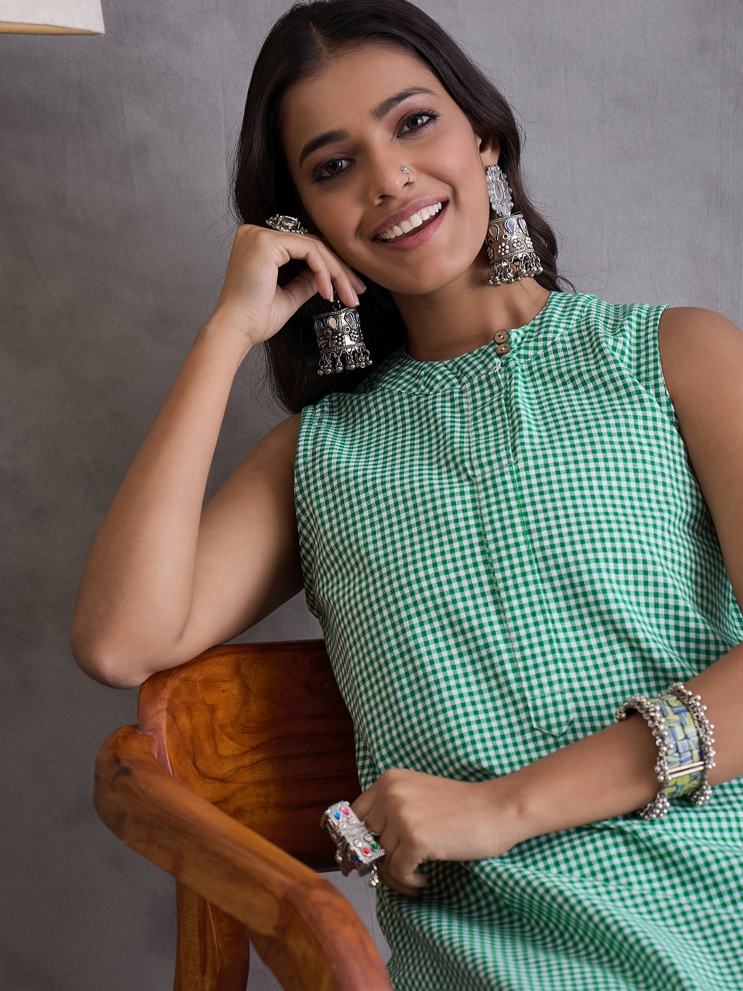 InWeave Green Small Check Kurta Set - Swadesiicart
