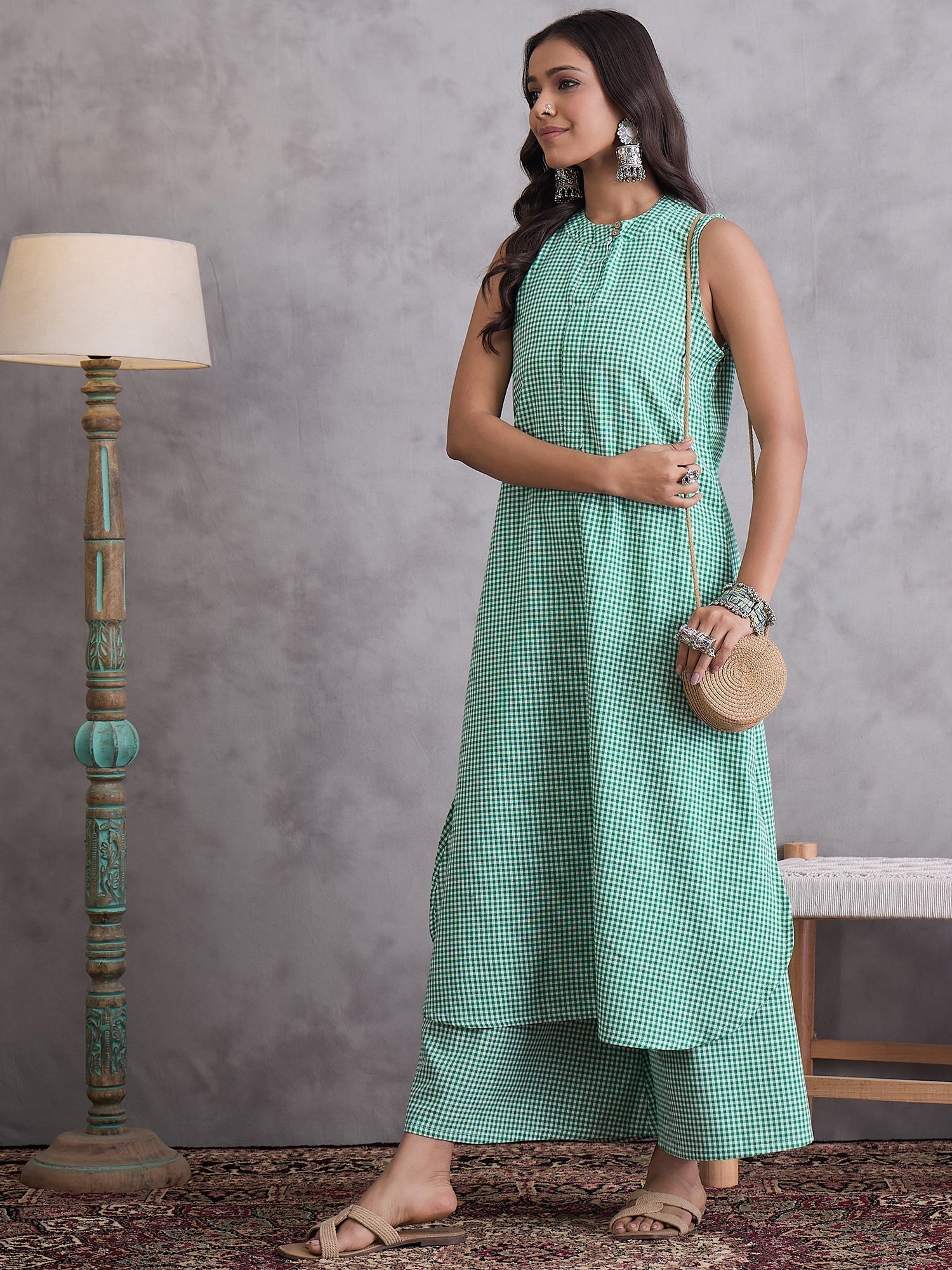 InWeave Green Small Check Kurta Set - Swadesiicart