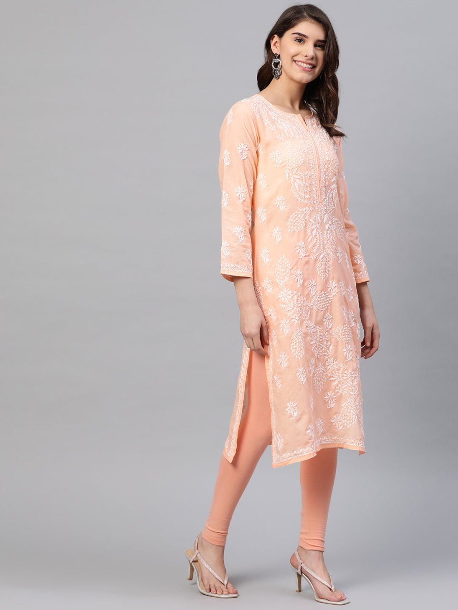 ADA Women Peach-Coloured & White Chikankari Embroidered Straight Sustainable Kurta | Swadesiicart