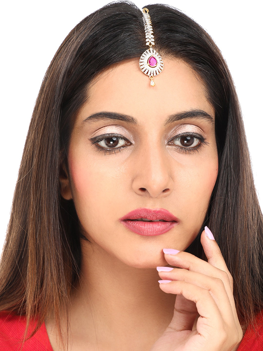 Yellow Chimes Women Gold-Polished American Diamond Pink & White Studded Handcrafted Maang Tikka | Swadesiicart