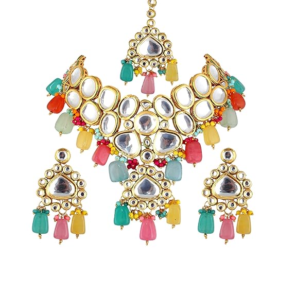 Tehzeeb Creations Back Meenakari Gold-Polished Multicolor Color Tika Earring Jewellery Set Uncut Big Faux Kundan Dibbi Kundan Choker Necklace Set | Swadesiicart