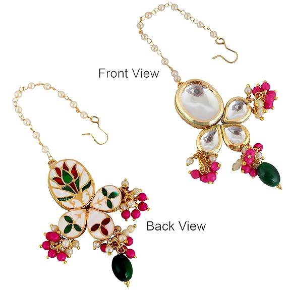 Tehzeeb Creations Back Meenakari Gold-Polished Multi Color Tika Earring Combo Uncut Big Faux Kundan Choker Necklace set | Swadesiicart