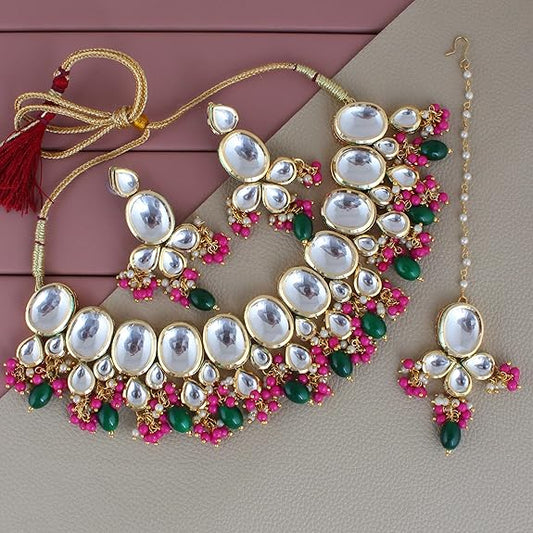 Tehzeeb Creations Back Meenakari Gold-Polished Multi Color Tika Earring Combo Uncut Big Faux Kundan Choker Necklace set | Swadesiicart