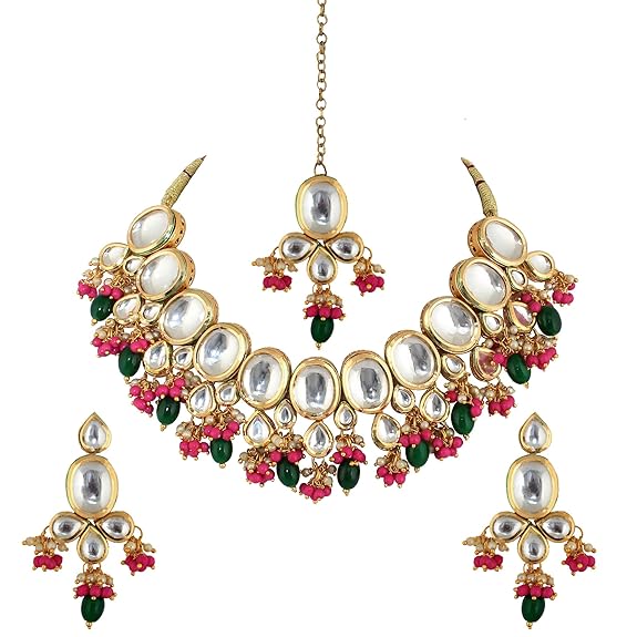 Tehzeeb Creations Back Meenakari Gold-Polished Multi Color Tika Earring Combo Uncut Big Faux Kundan Choker Necklace set | Swadesiicart