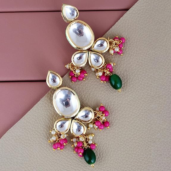 Tehzeeb Creations Back Meenakari Gold-Polished Multi Color Tika Earring Combo Uncut Big Faux Kundan Choker Necklace set | Swadesiicart