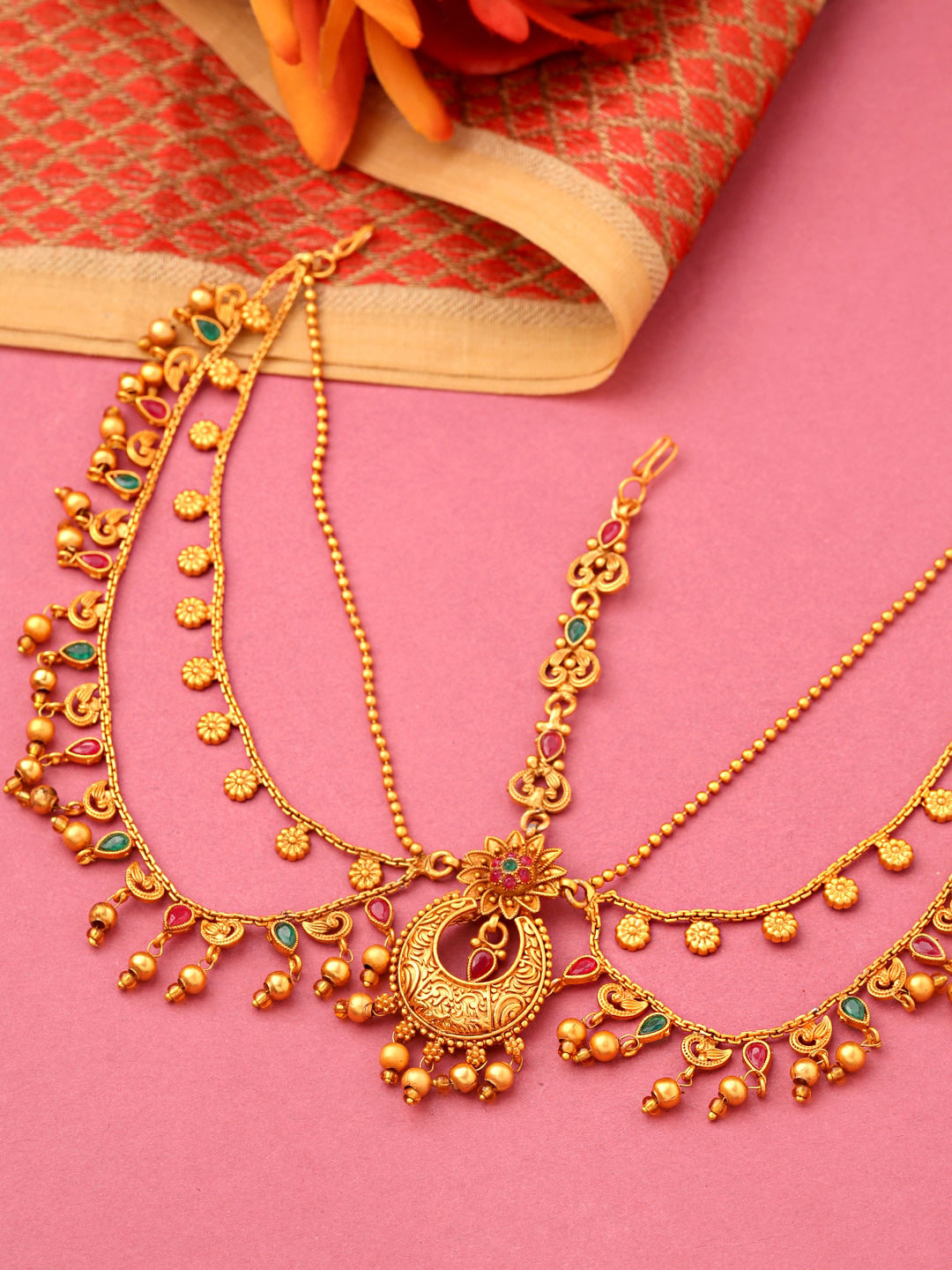 Yellow Chimes Gold-Polished Red & Green Stone-Studded Layered Bridal Maatha Patti | Swadesiicart