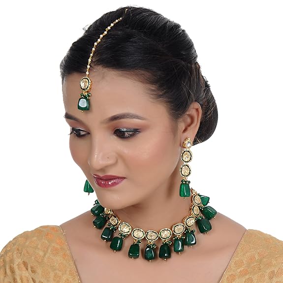 Tehzeeb Creations Back Meenakari Gold-Polished Tika Earring Jewellery Set Uncut Kundan Big Faux Kundan Dibbi Kundan Choker Necklace Set | Swadesiicart