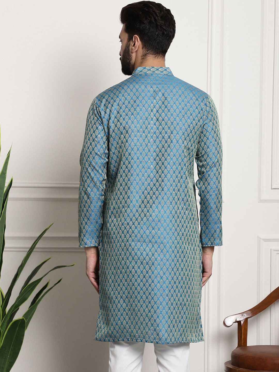 Sojanya Men Blue & Beige Ethnic Motif Printed Jacquard Silk Kurta | Swadesiicart