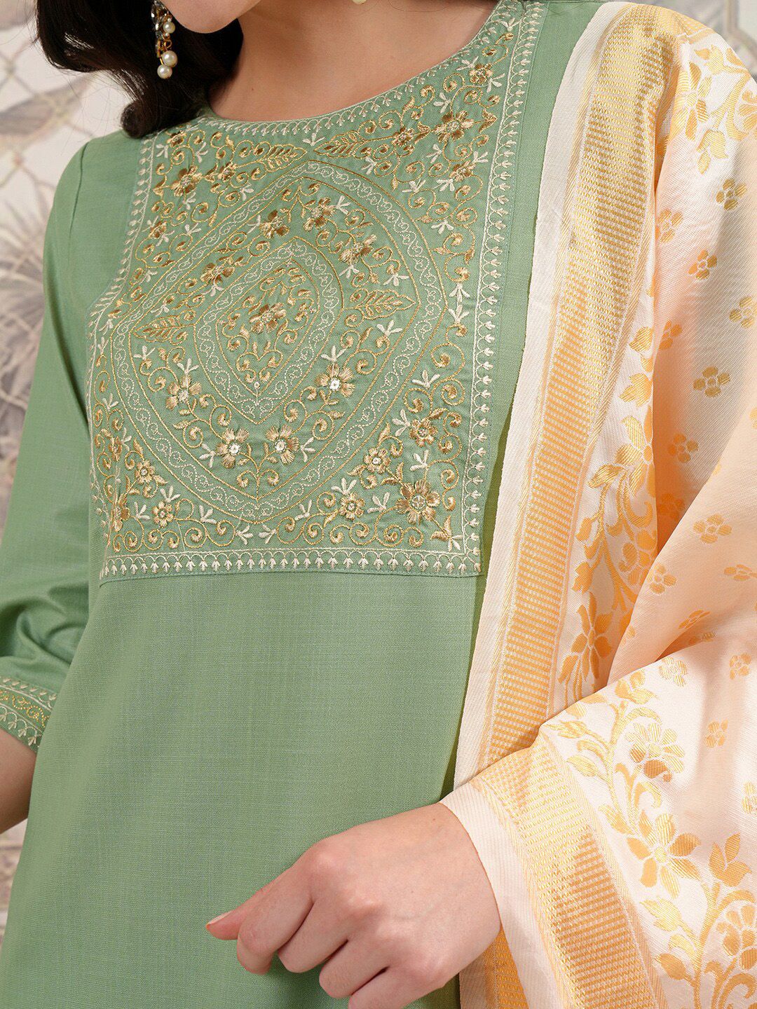 Vishudh Green Ethnic Motifs Yoke Design Thread Work Straight Kurta With Palazzos & Dupatta - Swadesiicart