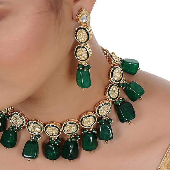 Tehzeeb Creations Back Meenakari Gold-Polished Tika Earring Jewellery Set Uncut Kundan Big Faux Kundan Dibbi Kundan Choker Necklace Set | Swadesiicart