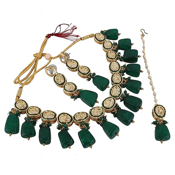 Tehzeeb Creations Back Meenakari Gold-Polished Tika Earring Jewellery Set Uncut Kundan Big Faux Kundan Dibbi Kundan Choker Necklace Set | Swadesiicart