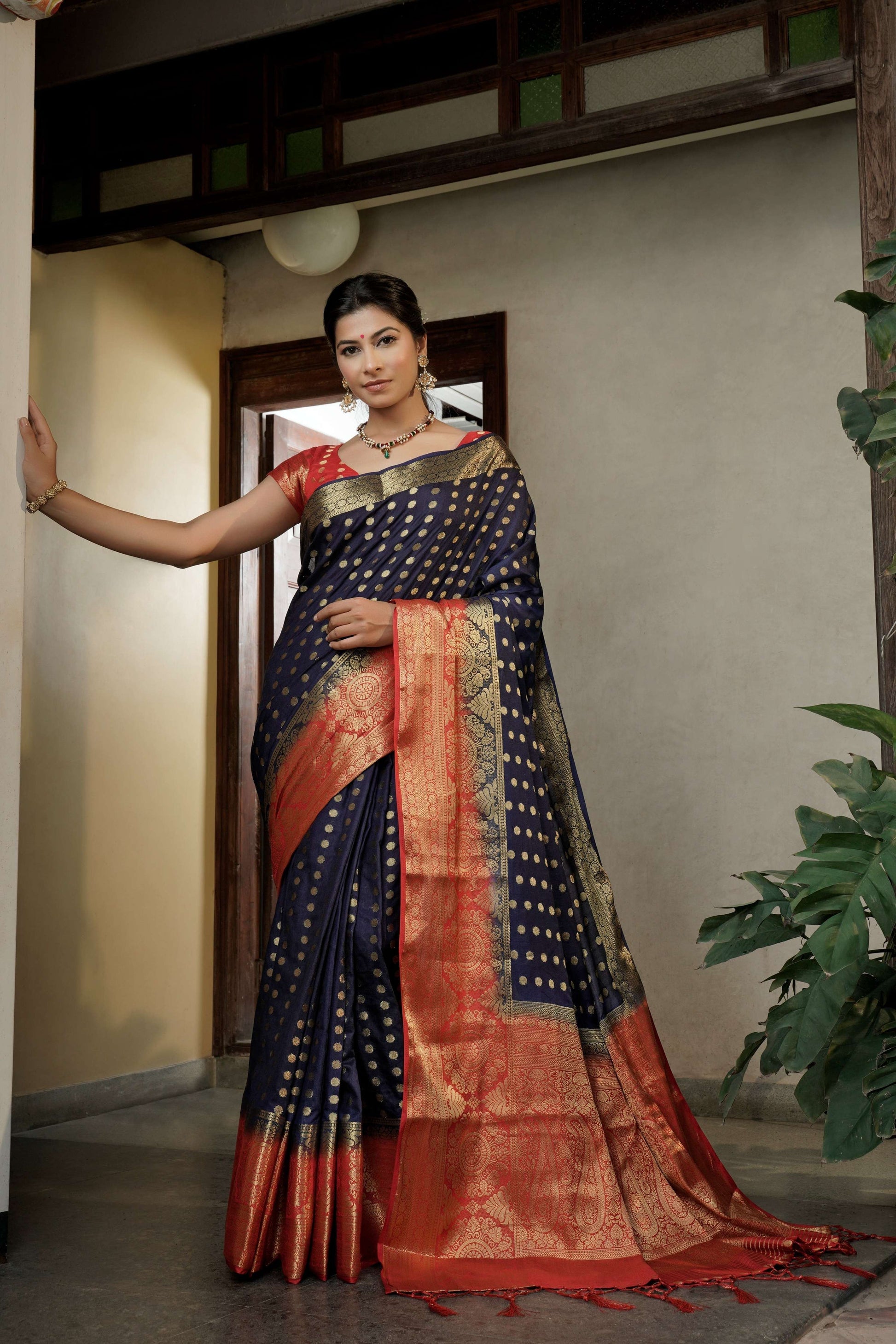 Vardha Admiral Blue Golden Zari Banarasi Raw Silk Saree | Swadesiicart