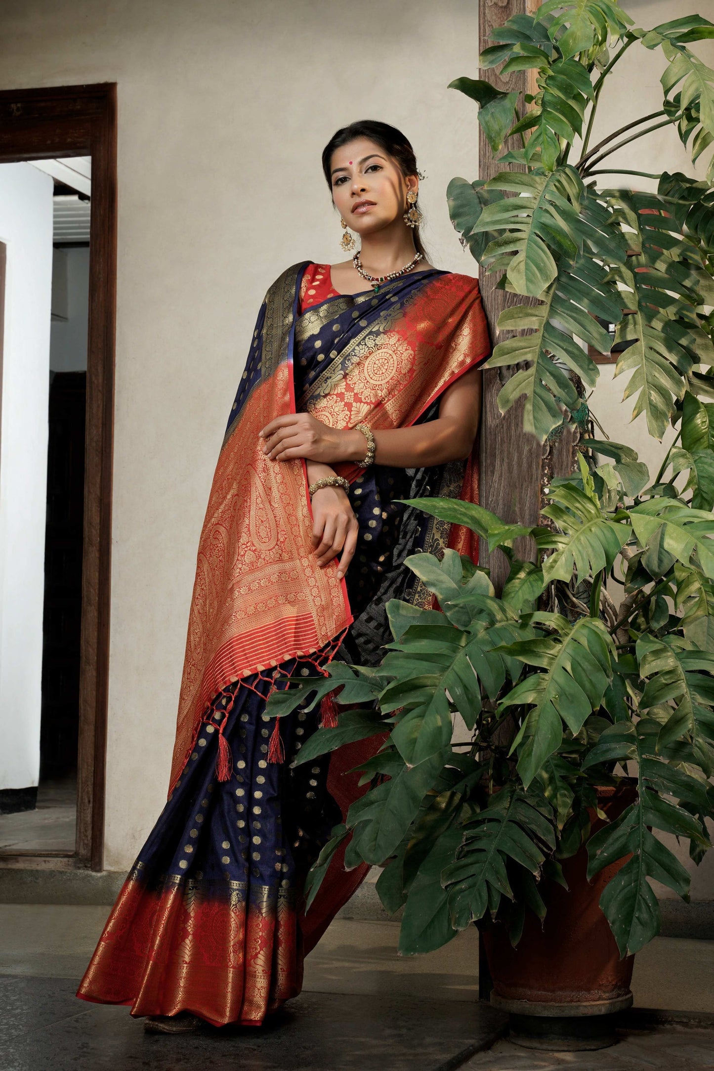 Vardha Admiral Blue Golden Zari Banarasi Raw Silk Saree | Swadesiicart