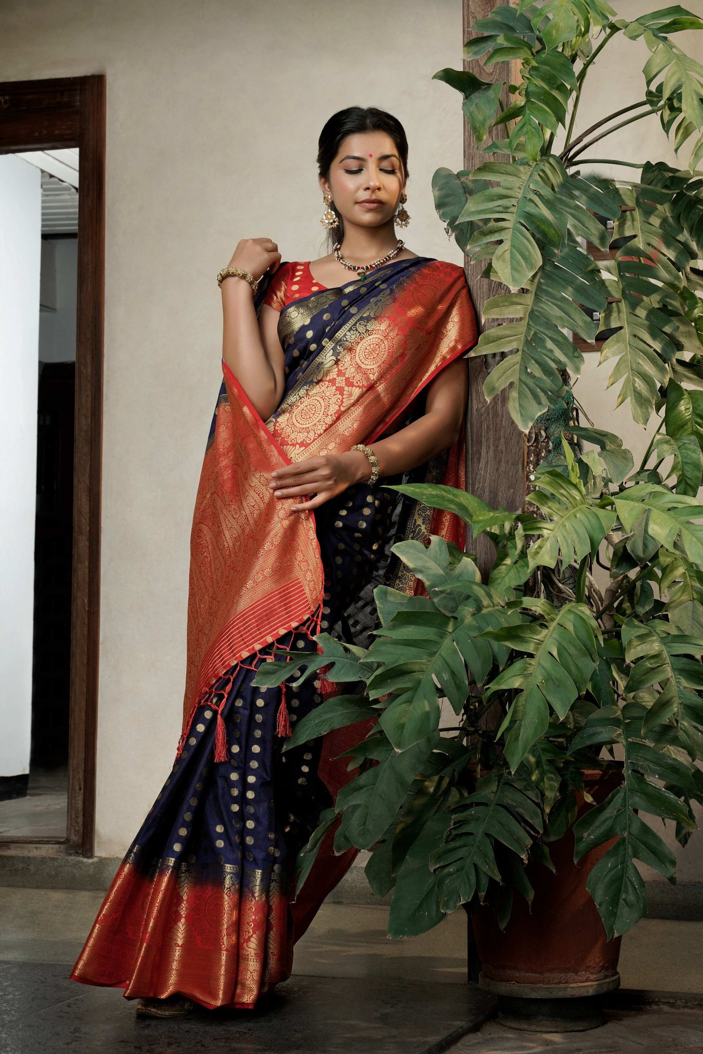 Vardha Admiral Blue Golden Zari Banarasi Raw Silk Saree | Swadesiicart
