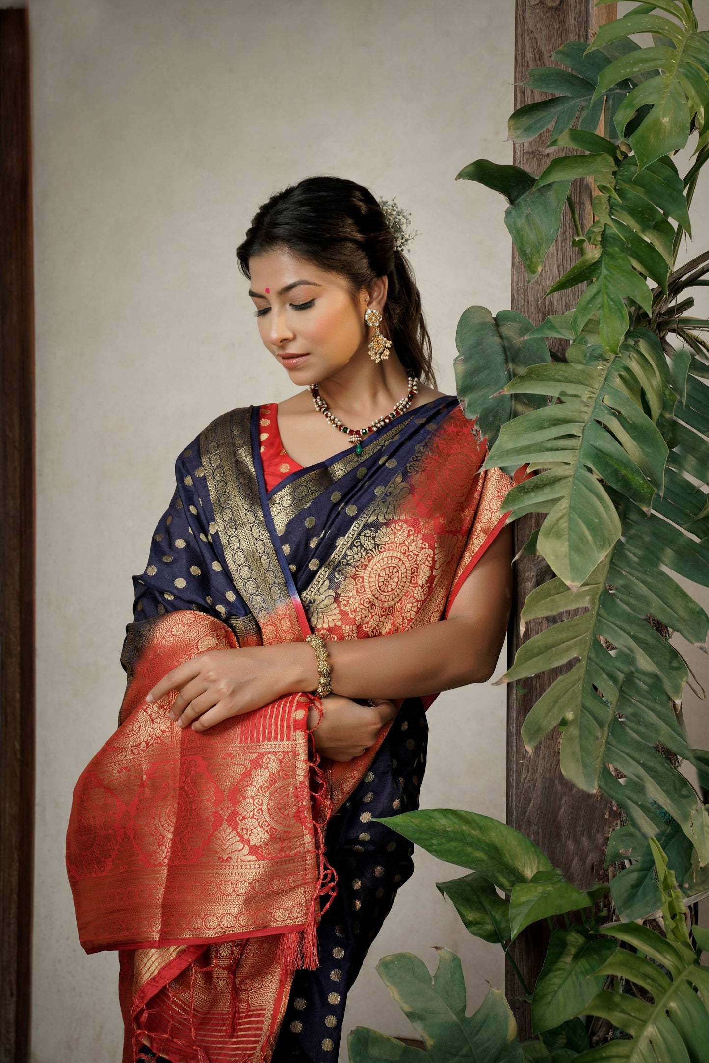 Vardha Admiral Blue Golden Zari Banarasi Raw Silk Saree | Swadesiicart