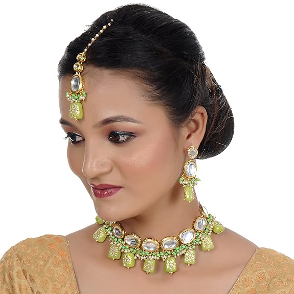 Tehzeeb Creations Back Meenakari Gold-Polished Green Color Tika Earring Jewellery Set Uncut Kundan Big Faux Kundan Dibbi Kundan Choker Necklace Set | Swadesiicart