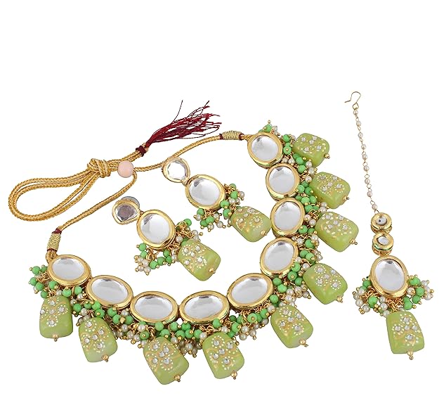 Tehzeeb Creations Back Meenakari Gold-Polished Green Color Tika Earring Jewellery Set Uncut Kundan Big Faux Kundan Dibbi Kundan Choker Necklace Set | Swadesiicart