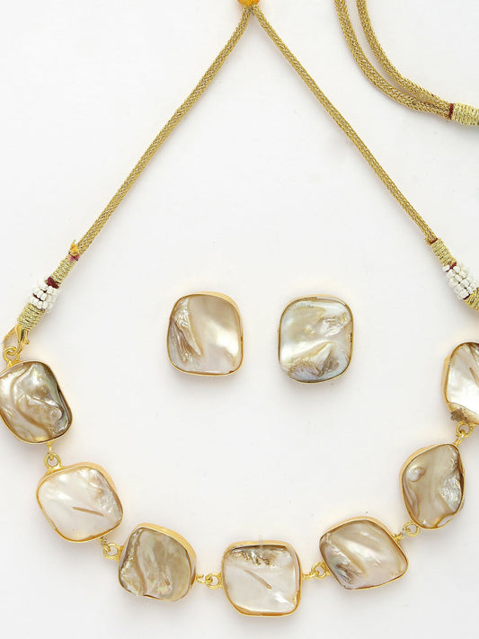NVR Women's Gold-Polished Mother of Pearl Handcrafted Jewellery Set - Swadesiicart