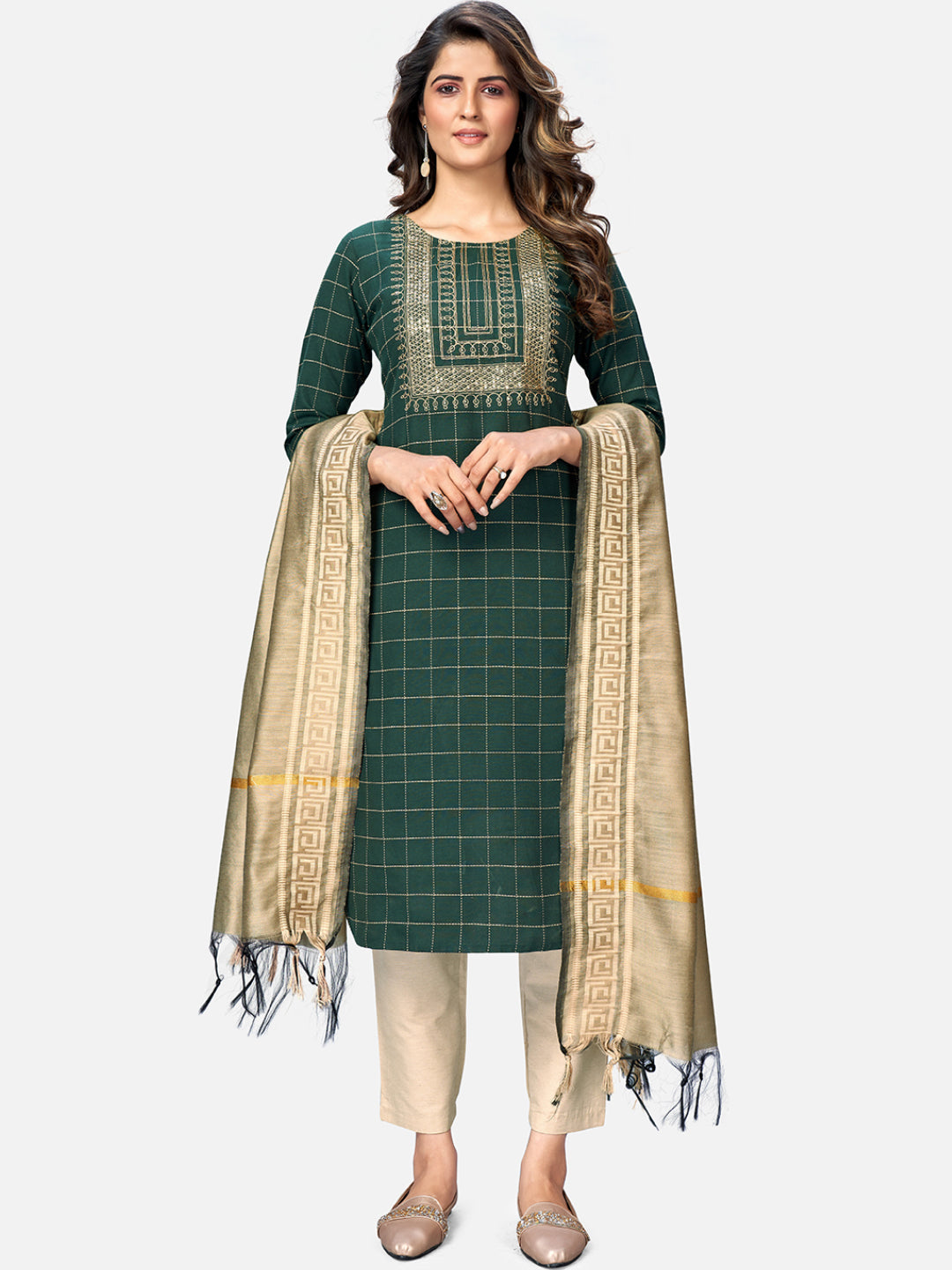 NOZ2TOZ Women Green Cotton Kurta With Pant & Dupatta (3Pcs Set) - Swadesiicart