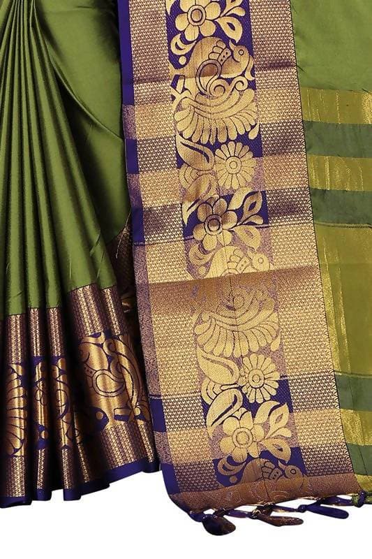 Vamika Banarasi Cotton Silk Weaving Green Saree (DOCTOR MOR GREEN) | Swadesiicart