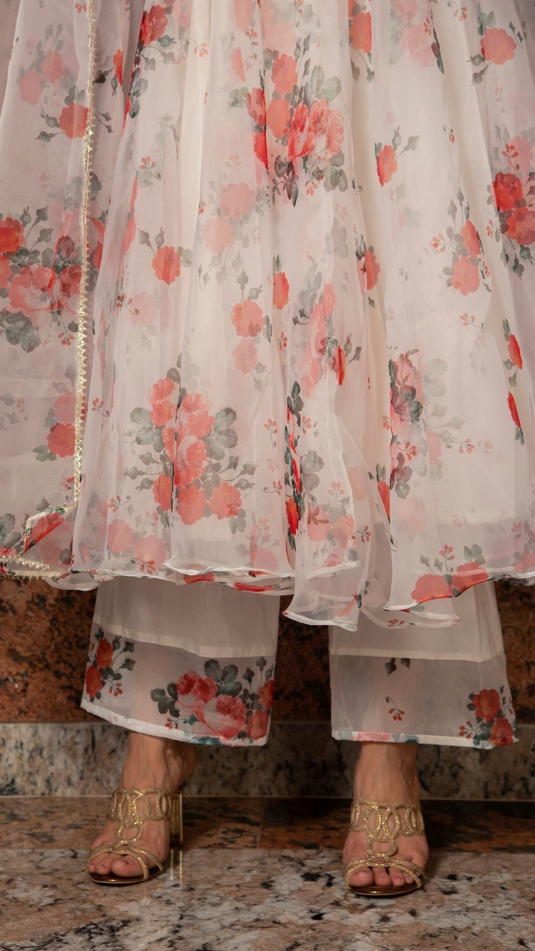 Pomcha Jaipur Red And White Floral Organza Anarkali Set | Swadesiicart
