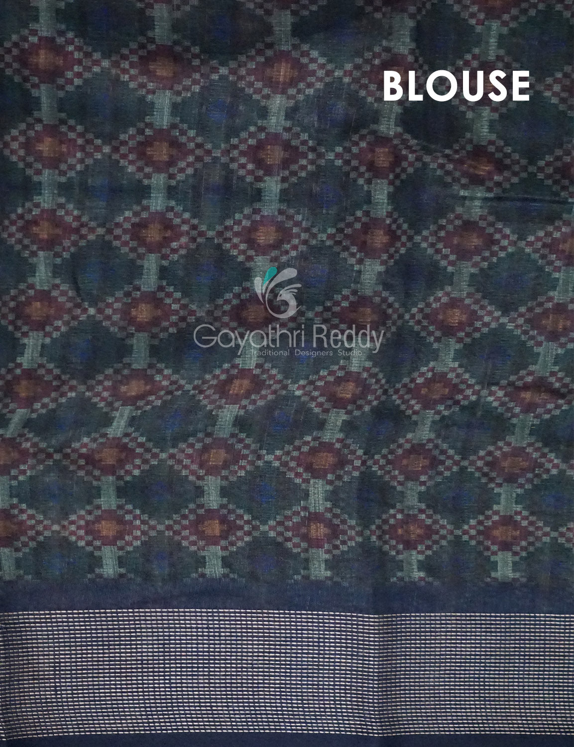 Dark Green and Navy Blue Geometrical Print Semi Chanderi Saree By Gayathri Reddy Designer Studio | Swadesiicart