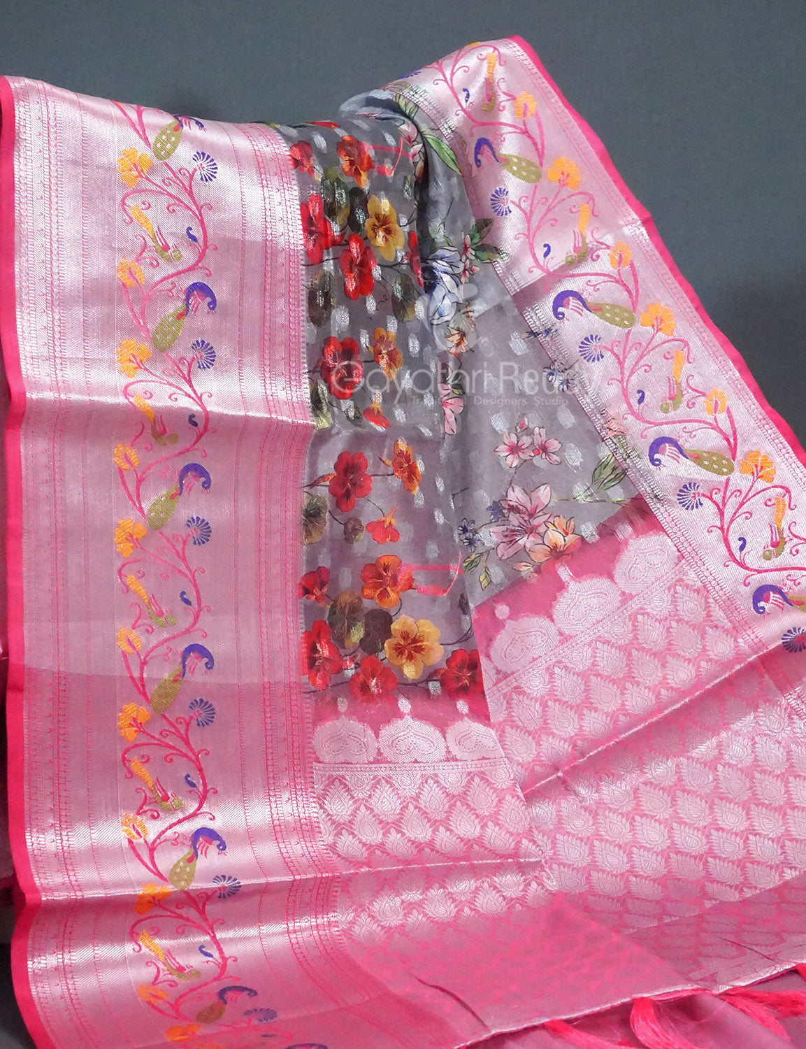 Shades of Grey Colour Floral Design Banaras Semi Silk Saree By Gayathri Reddy Designer Studio | Swadesiicart