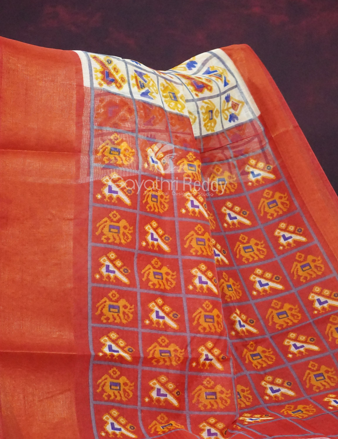 Shades of Cream Colour And Orange Blouse Patola Design Semi Chanderi Saree By Gayathri Reddy Designer Studio | Swadesiicart