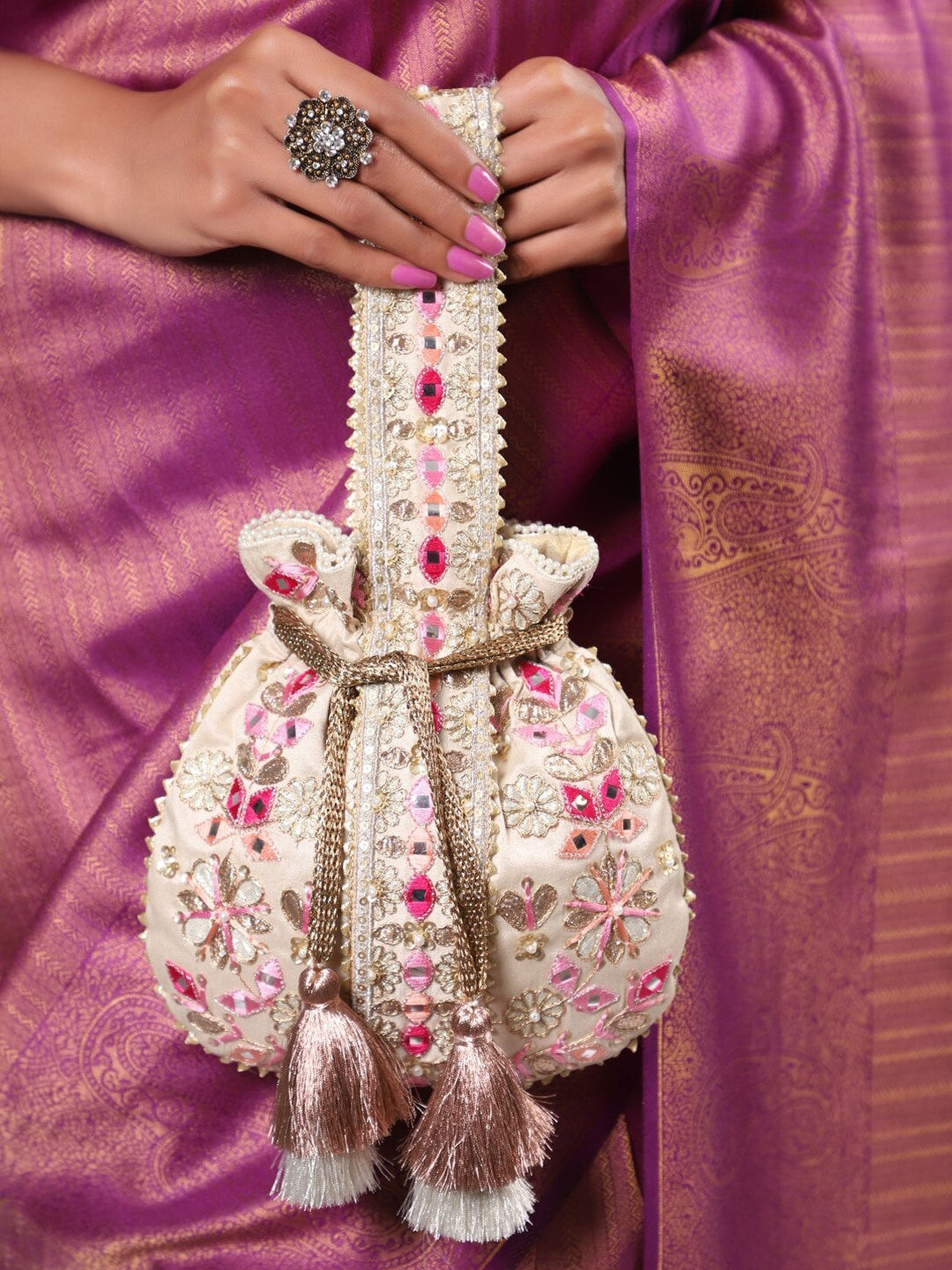 Masq Beige & Pink Embroidered Potli Clutch - Swadesiicart