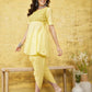 ADA Women Yellow & Green Chikankari Embroidered Empire Sustainable Handloom Kurta with Dhoti Pants | Swadesiicart