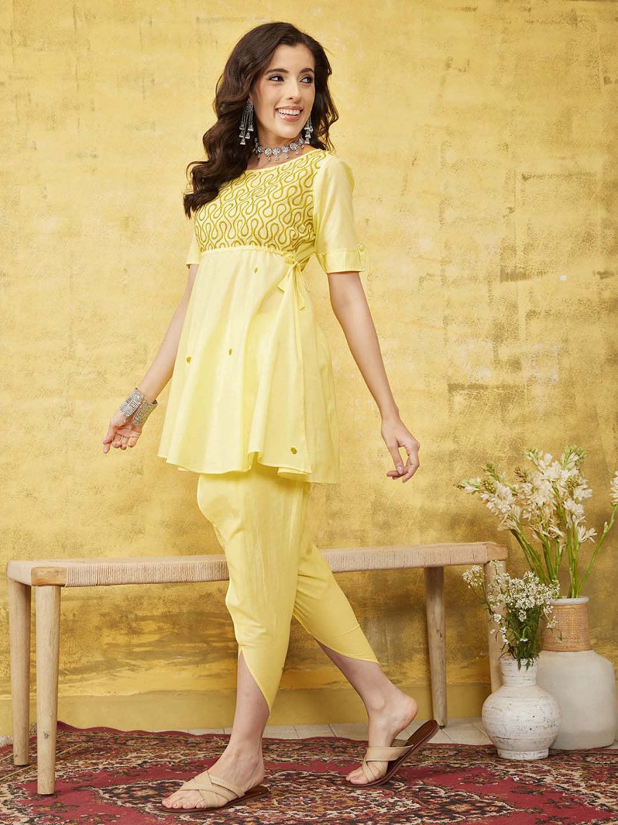 ADA Women Yellow & Green Chikankari Embroidered Empire Sustainable Handloom Kurta with Dhoti Pants | Swadesiicart