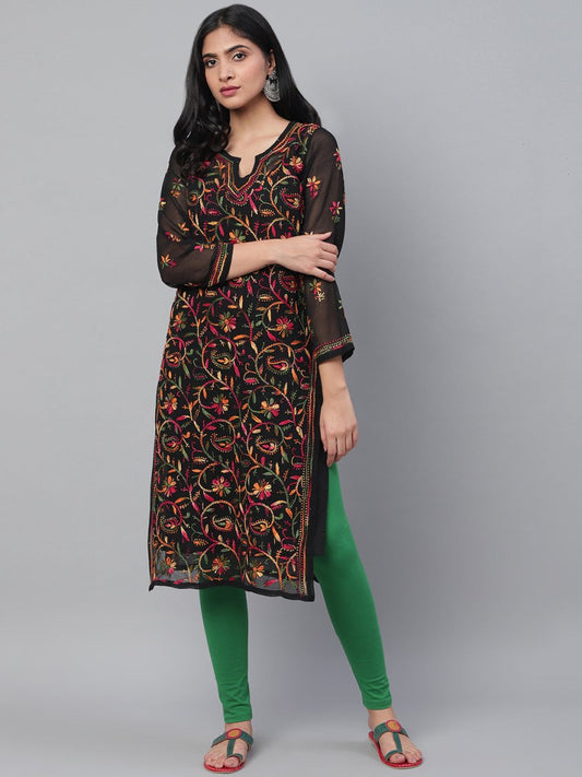 ADA Women Black & Pink Chikankari Hand Embroidered Semi-Sheer Straight Sustainable Kurta With Slip | Swadesiicart