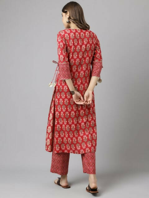FIORRA Women's Red Cotton A-Line Kurta Set - Swadesiicart