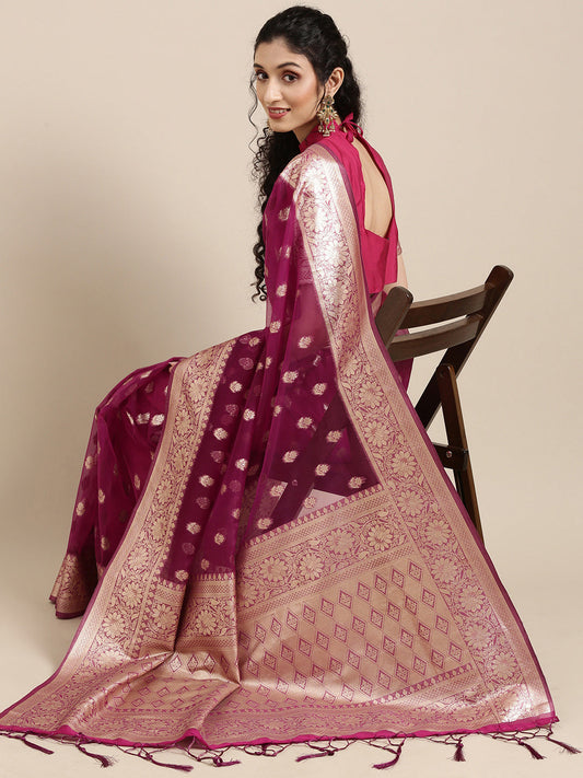 Saree Mall Magenta Ethnic Motifs Zari Organza Banarasi Saree | Swadesiicart