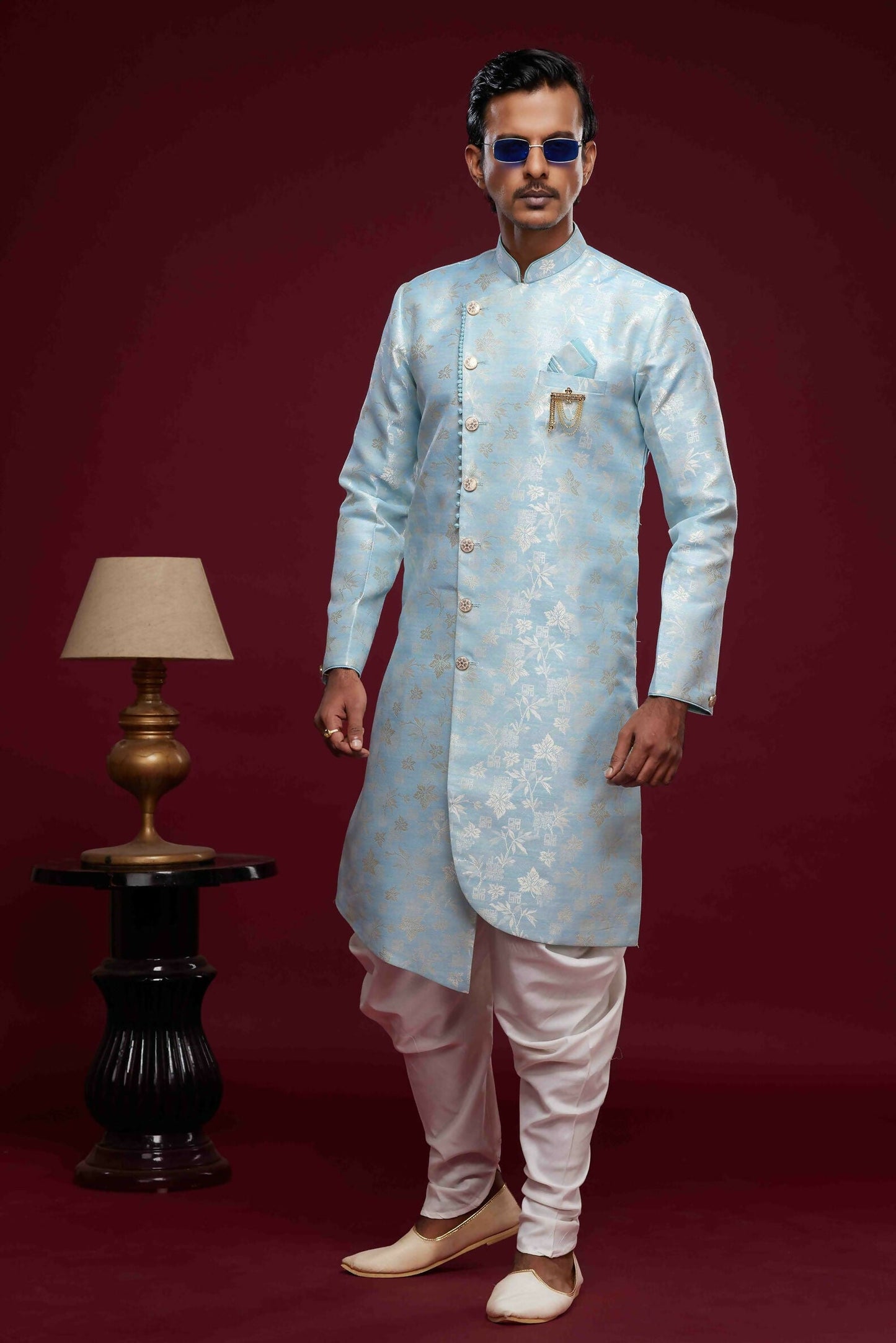 Raivat Ethnic Banarasi Jacquard Embroidery Semi Indo Western Sherwani In Sky Blue Colour | Swadesiicart