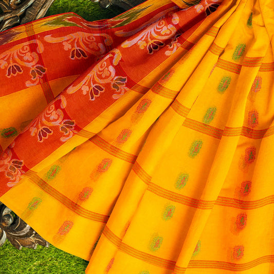 Exclusive Collection 100% Pure Cotton Yellow Tant Saree With Hand Weaving Work - Swadesiicart