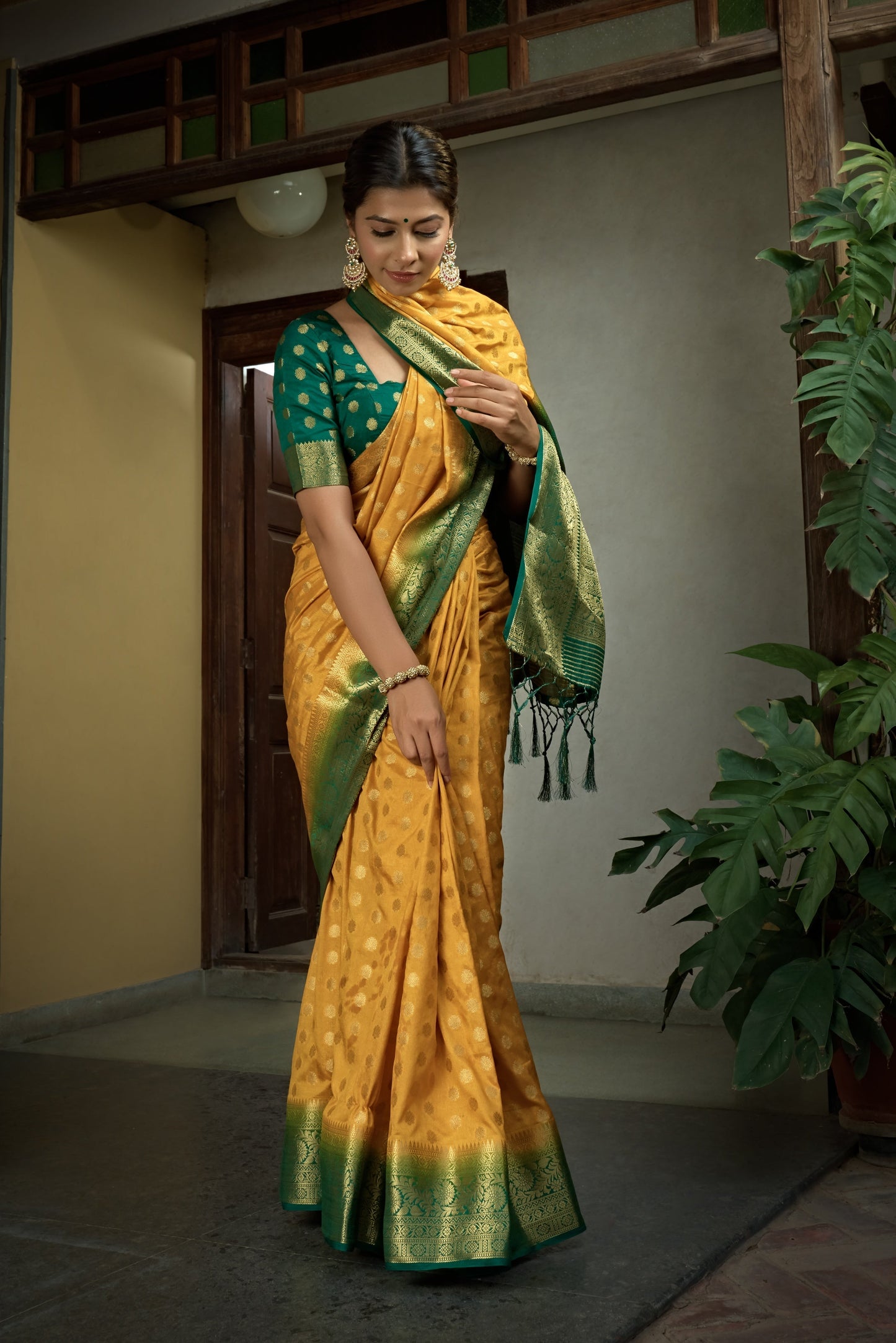 Vardha Scarlet Yellow Golden Zari Banarasi Raw Silk Saree | Swadesiicart