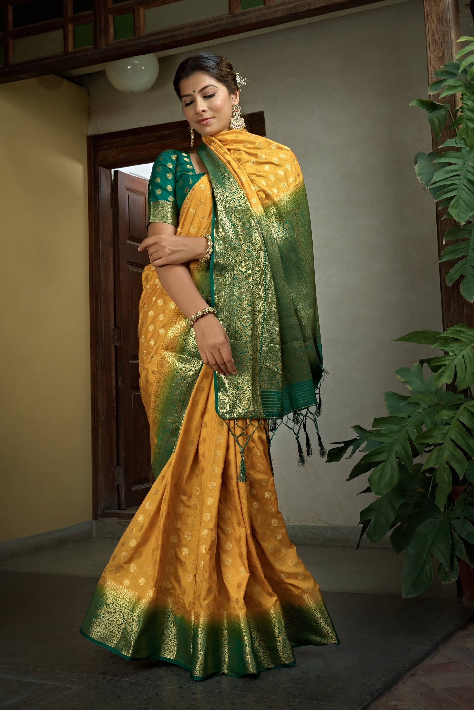 Vardha Scarlet Yellow Golden Zari Banarasi Raw Silk Saree | Swadesiicart