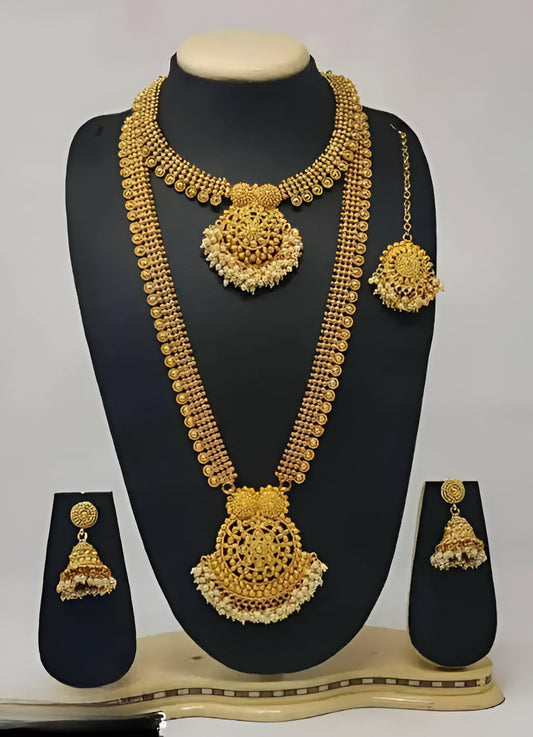 Jewel City Luxurious Gold-Plated South Indian Bridal Jewelry Set - Necklace, Long Chain, Earrings, and Tikka | Swadesiicart