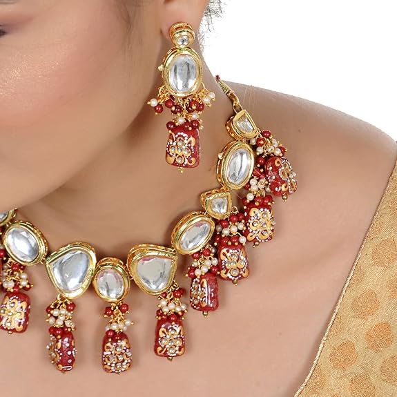 Tehzeeb Creations Back Meenakari Gold-Polished Maroon Color Tika Earring Jewellery Set Uncut Kundan Big Faux Kundan Dibbi Kundan Choker Necklace Set | Swadesiicart