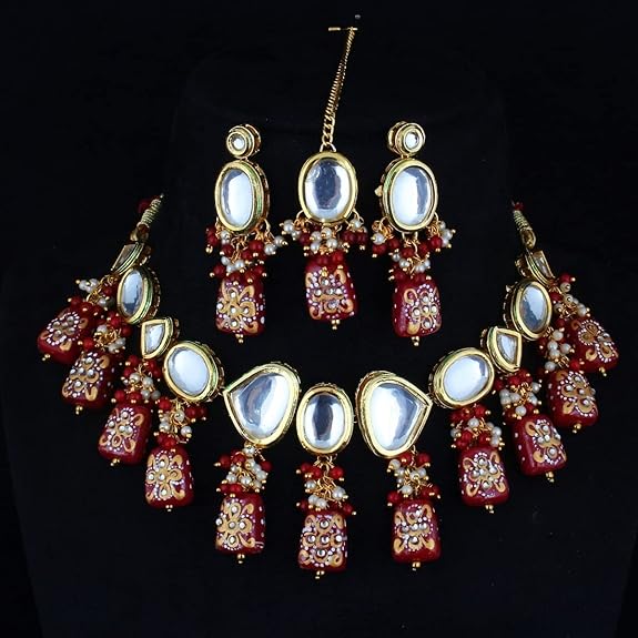 Tehzeeb Creations Back Meenakari Gold-Polished Maroon Color Tika Earring Jewellery Set Uncut Kundan Big Faux Kundan Dibbi Kundan Choker Necklace Set | Swadesiicart