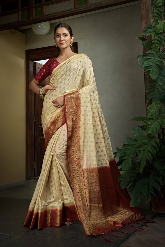 Vardha Cream White Golden Zari Banarasi Raw Silk Saree | Swadesiicart