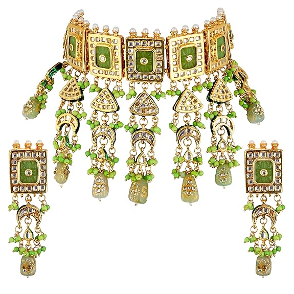 Tehzeeb Creations Meenakari Gold-Polished Green Color Rectangular Shape Uncut Kundan Combo Necklace Set - Swadesiicart