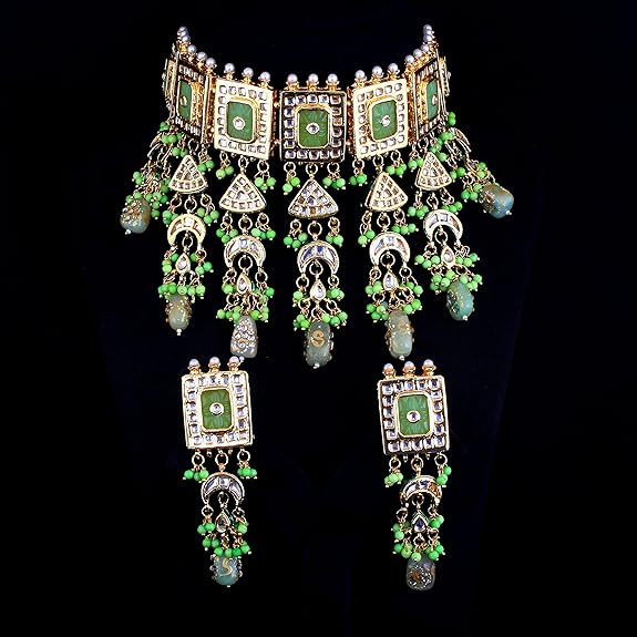 Tehzeeb Creations Meenakari Gold-Polished Green Color Rectangular Shape Uncut Kundan Combo Necklace Set - Swadesiicart
