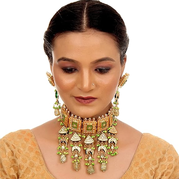 Tehzeeb Creations Meenakari Gold-Polished Green Color Rectangular Shape Uncut Kundan Combo Necklace Set - Swadesiicart