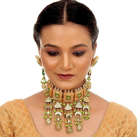 Tehzeeb Creations Meenakari Gold-Polished Green Color Rectangular Shape Uncut Kundan Combo Necklace Set - Swadesiicart