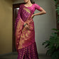 Vardha Magenta Pink Golden Zari Banarasi Raw Silk Saree | Swadesiicart