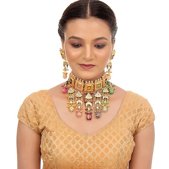 Tehzeeb Creations Meenakari Gold-Polished Multi Color Rectangular Shape Uncut Kundan Combo Necklace Set - Swadesiicart