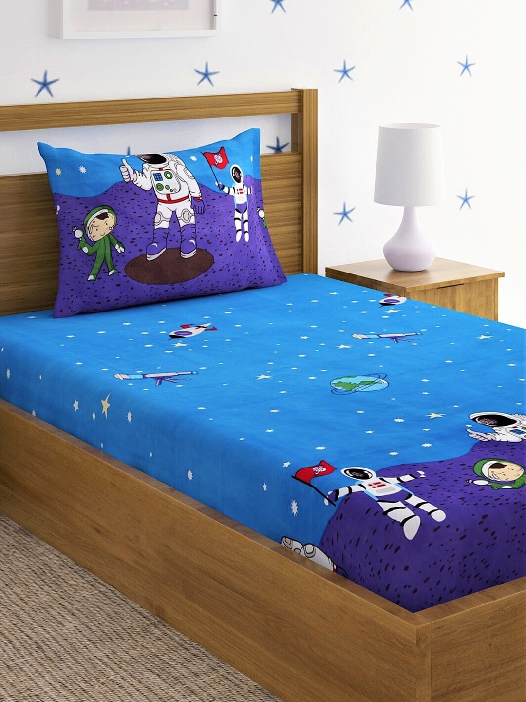 Home Sizzler Blue & White Cartoon Characters 210 TC Single Bedsheet with 1 Pillow Covers - Swadesiicart